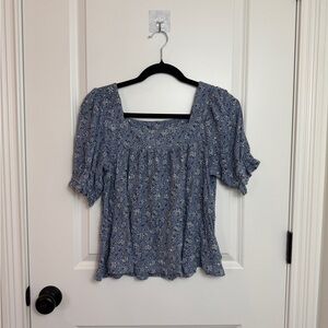 Lucky Brand Dusty Blue Floral Square-Neck Puff Sleeve Blouse